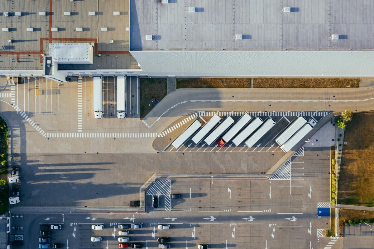 Aerial view of a logistics centre operating without supply chain disruptions